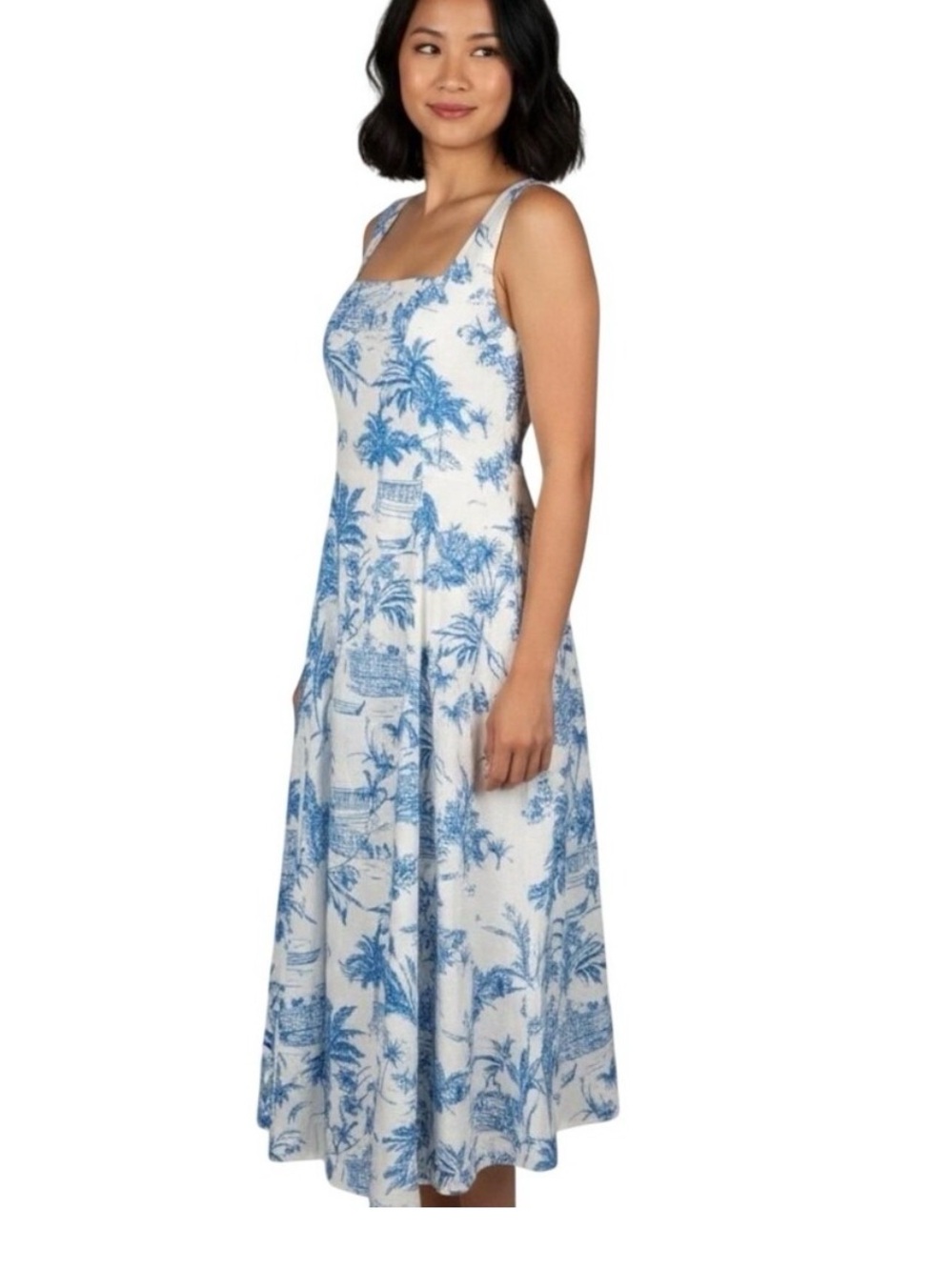 Joie Blue and Cream Tropical Toile Midi Dress